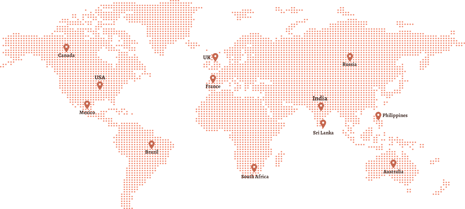 Map showing Wisdom Healing Center clients across Canada, USA, Mexico, Brazil, the UK, France, Russia, India, Sri Lanka, the Philippines, South Africa and Australia